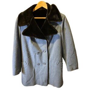 Vintage Blue Wool Black Fleece Lined Buttoned Heavy Coat